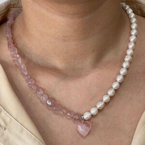 Pearl and Mozambique Rose Quartz Necklace